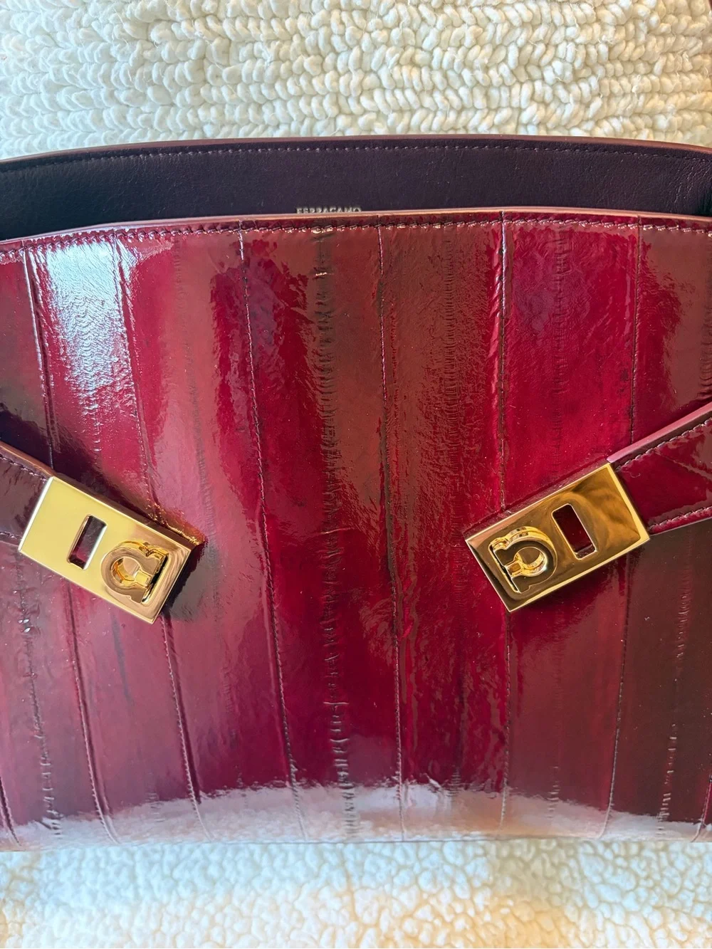 Salvatore Ferragamo Deep Burgundy Patent Shoulder Bag with Gold Hardware - Picture 3 of 14